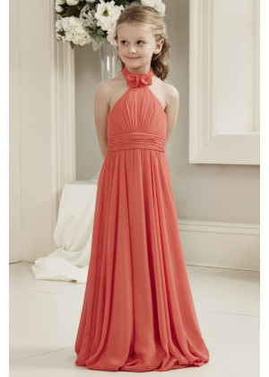 Halter Neck Coral Chiffon Stylish Junior Bridesmaid Dress